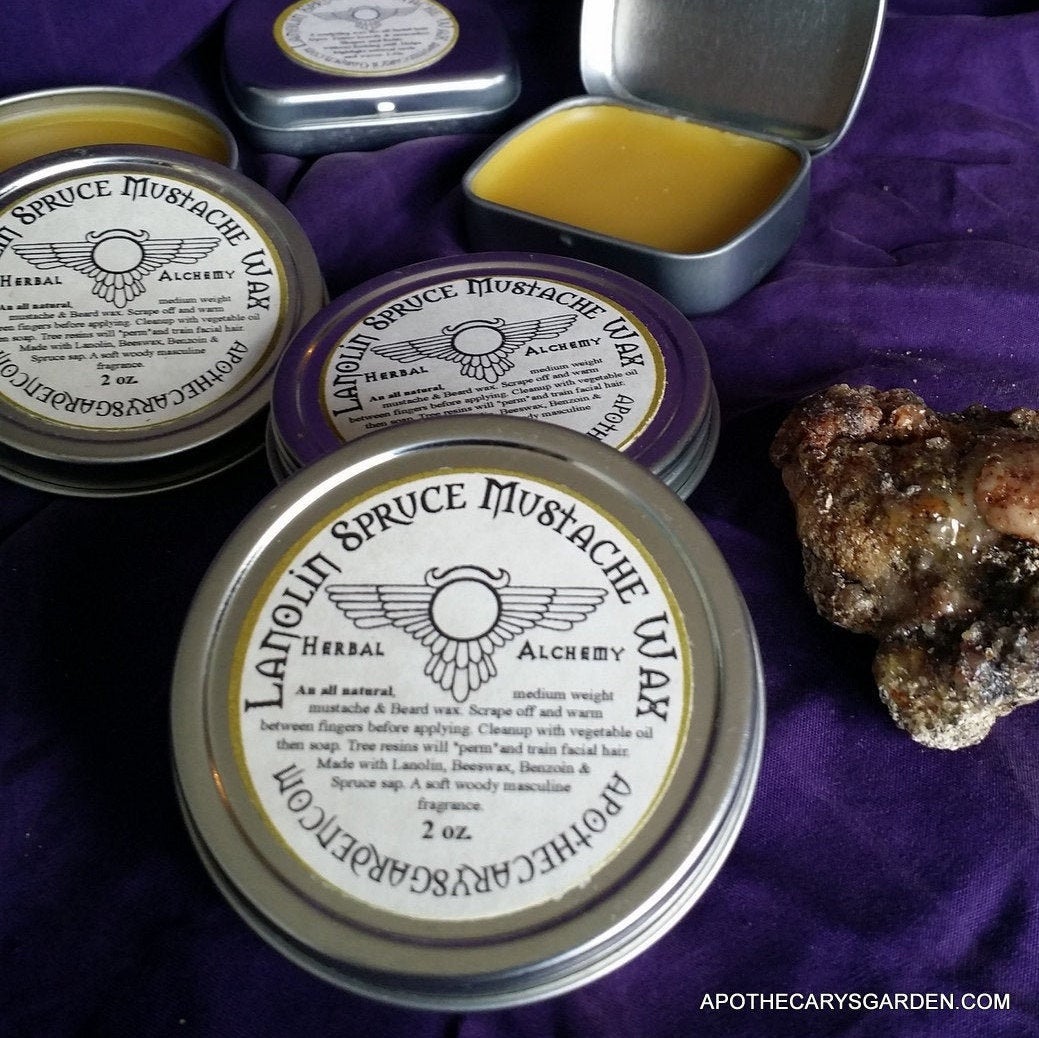Moustache Wax-Spruce sap, Lanolin Mustache and Beard Wax.  A Wax for cooler weather